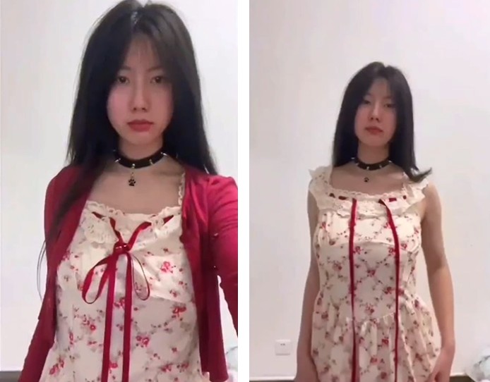 Em dạng háng để lộ bím khít